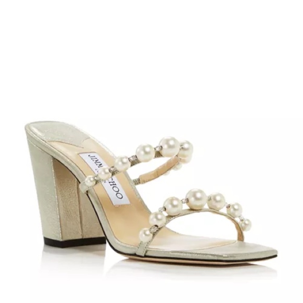 Jimmy Choo Champagne Gold Amara 85mm pearl Embellished Block Heel Sandals EU39.5